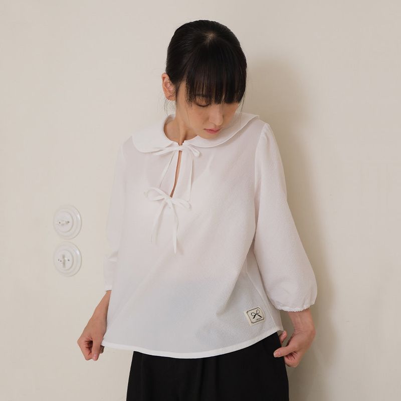 White Seersucker Ribbon Blouse