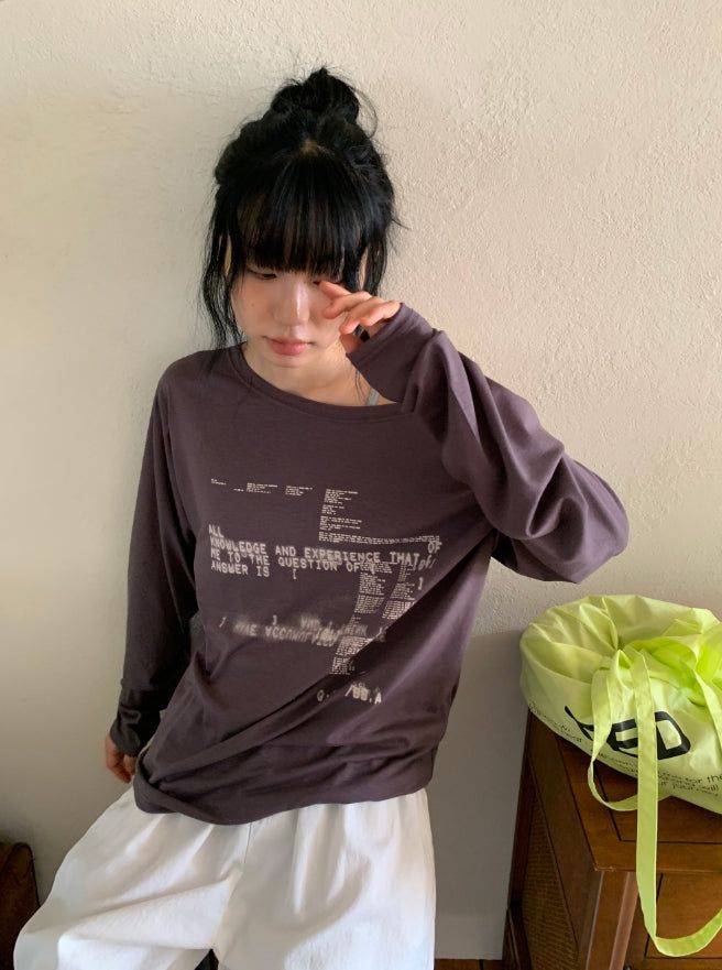 Gauss Loose Fit Printing Off-Shoulder Long Sleeve Tee