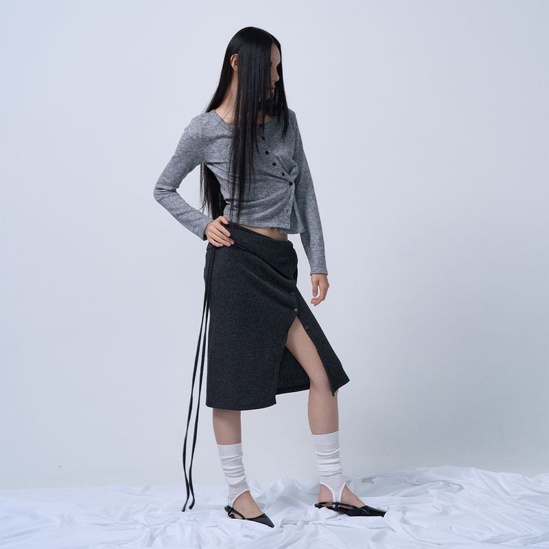 LAYERABLE BUTTON WRAP SKIRT (MELANGE CHARCOAL)