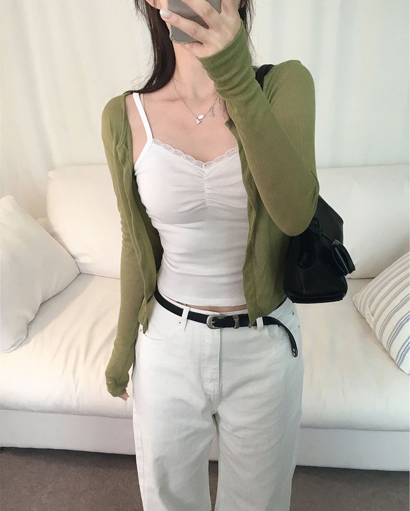 Modal lace shirring cropped sleeveless shirt (3 colors)