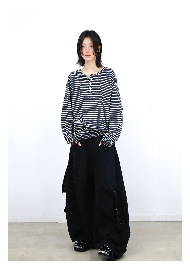 RELABEL (Vision) ライトウェイトベルベティストライプパッチワークロングスリーブTシャツスタッドディテール＆スクープネック