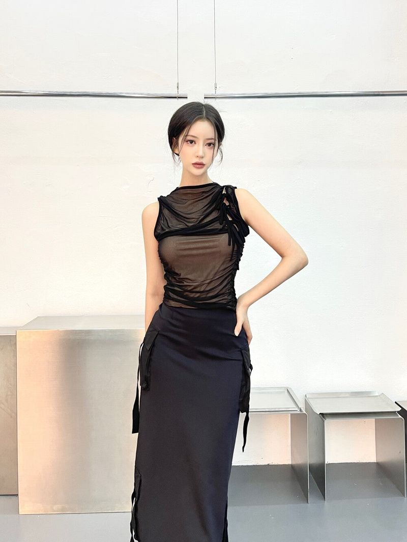 Seow（ソウ）の「1016. Mesh shirring ribbon sleeveless (2color)（Tops）」