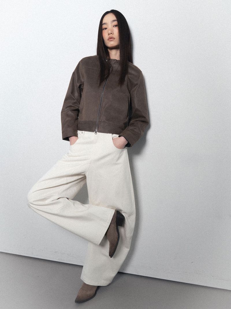Crack Leather Biker Jacket_Beige