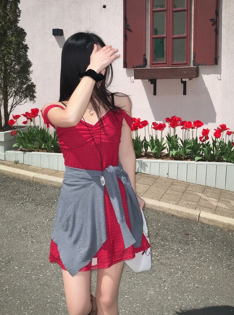 Cherry Kiss Dot Shirring Halter Mini Dress