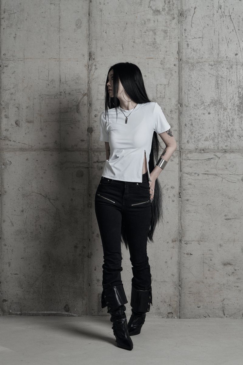 [label] sculptural Jersey zipper top WHITE