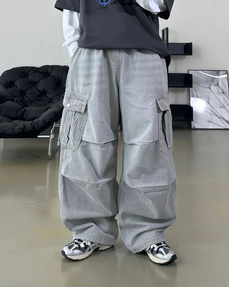 Bern diagonal cargo wide denim pants
