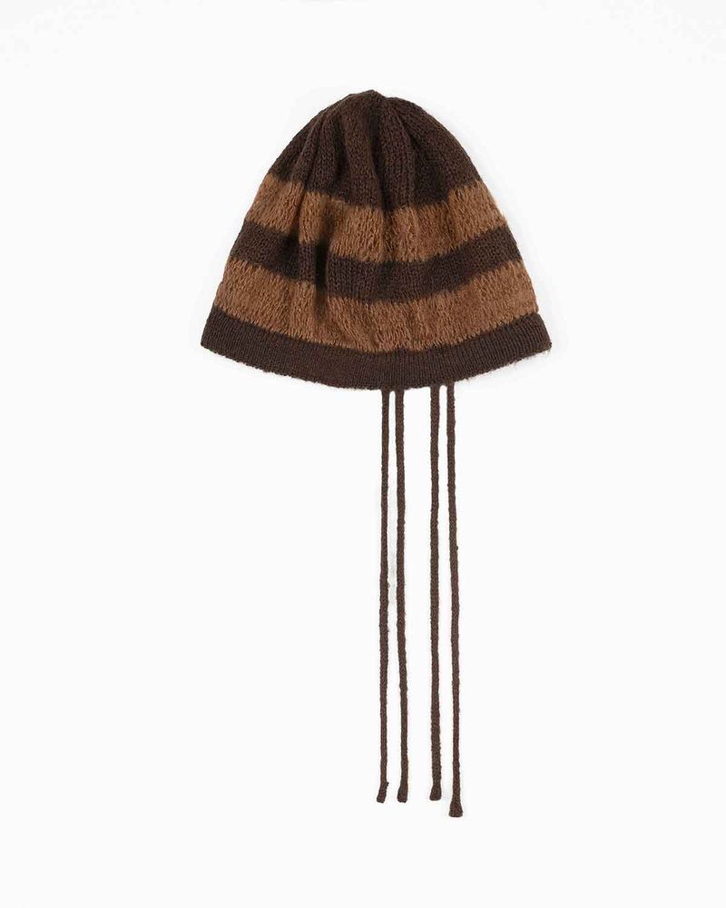  Ribbon Tied Beanie _ BROWN