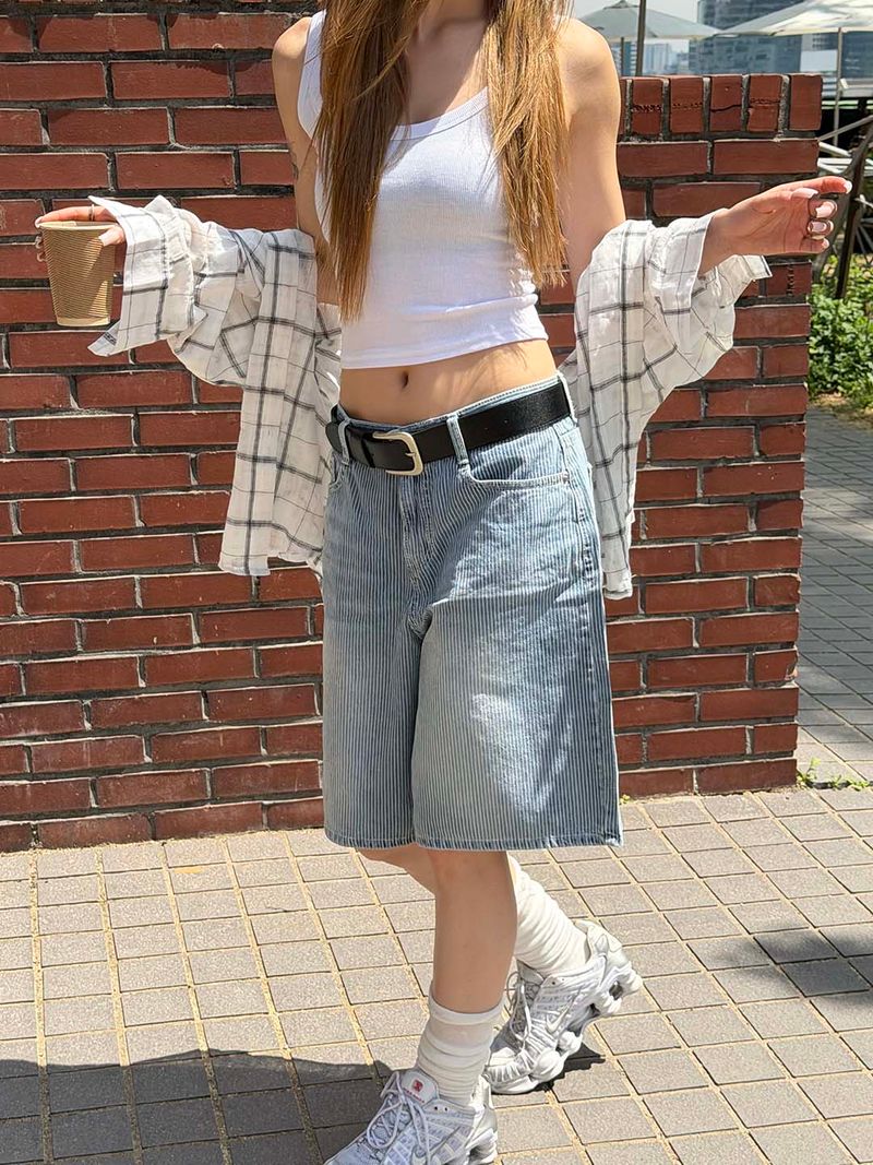 Summer stripe bermuda denim pants