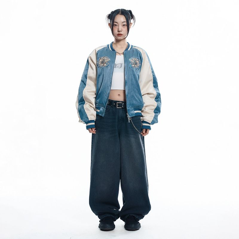 Lettering Wide Denim Pants - BLACK