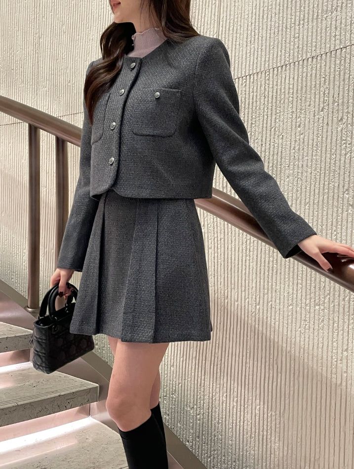 Deli Pocket No Collar Tweed Short Jacket