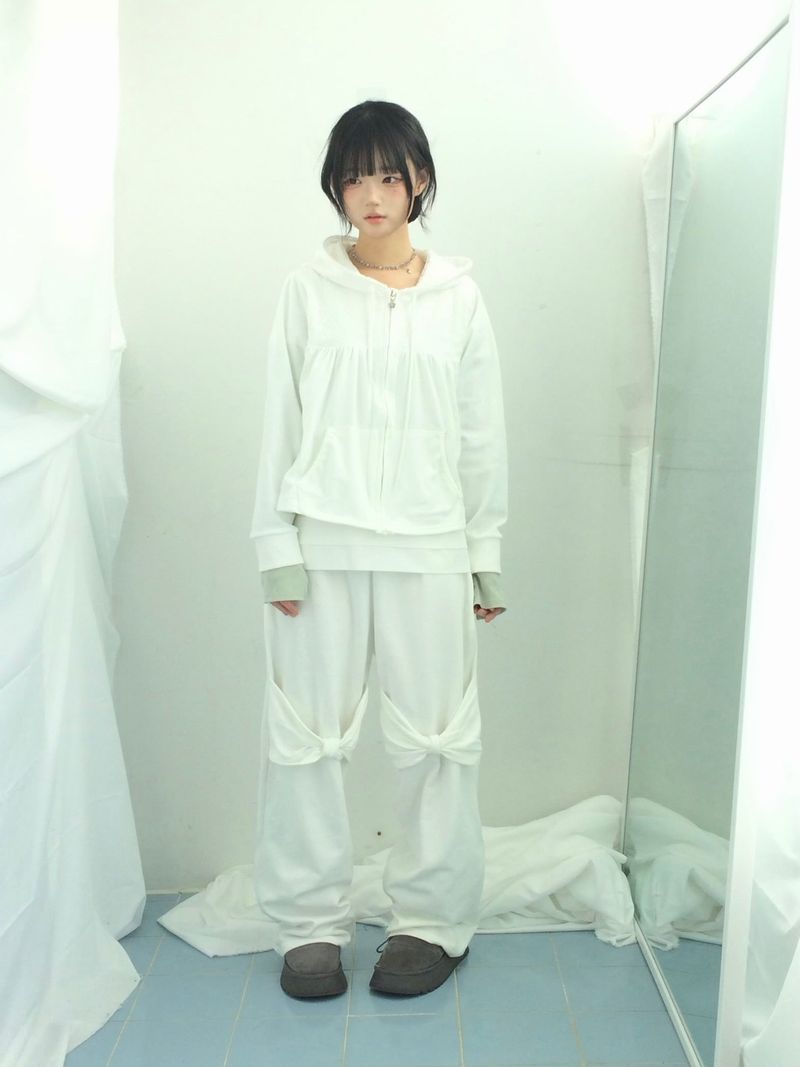Flower Lace Half-Shirring Hooded Zip-Up