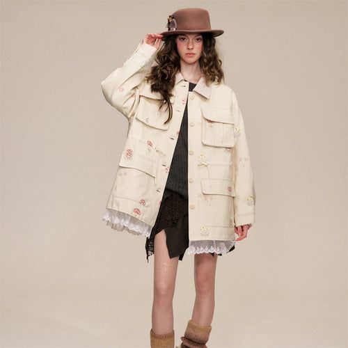 Floral Embroidery Cotton Cargo Jacket