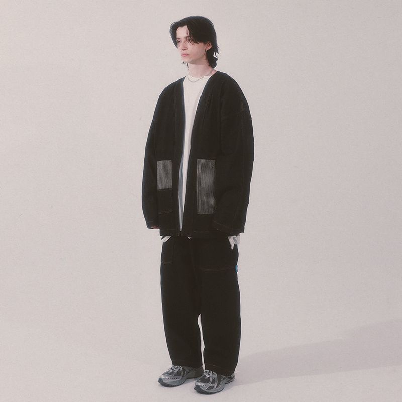 stripe patch denim pants_black