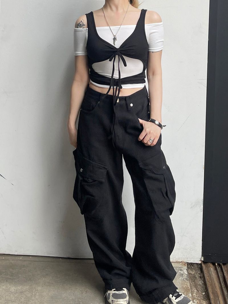 Layered Strap Hole Ribbon Top