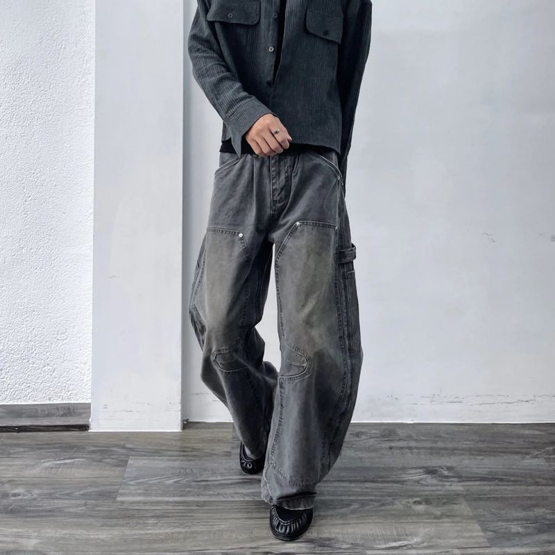 Curved Double-Knee Washed Trousers