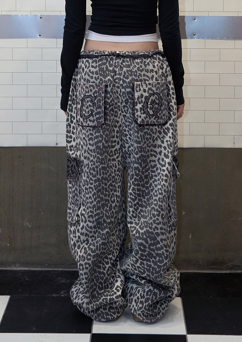 leopard lace cargo pt - black