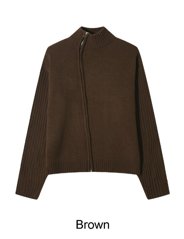 Ray-fun mix diagonal knit zip-up