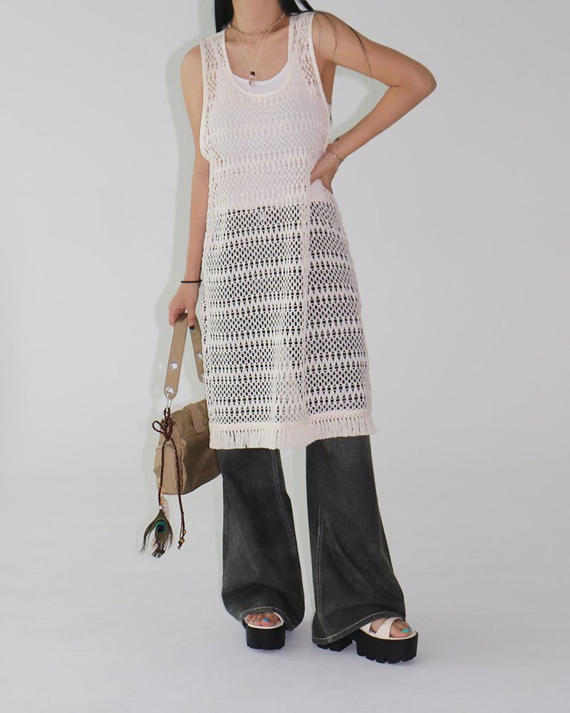 Fringe Mesh Crochet Layered Dress