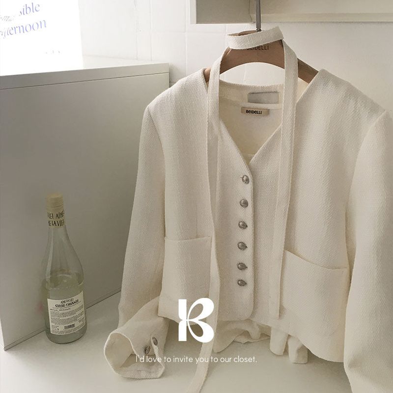 No-Collar Tweed Jacket with Tie Set