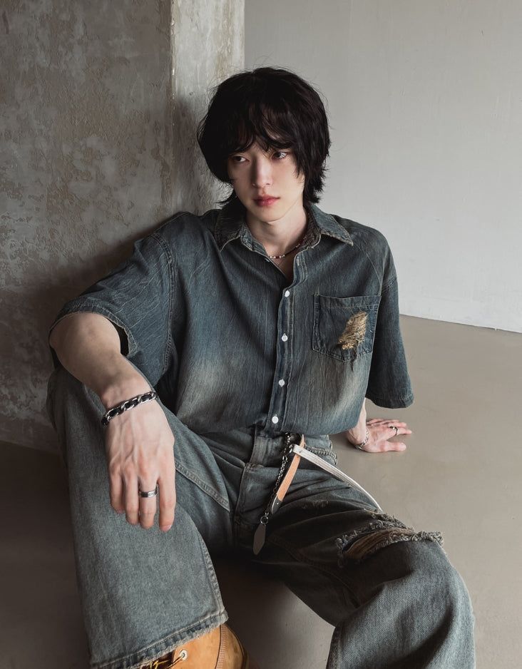 Summer shea damage washed denim half shirt