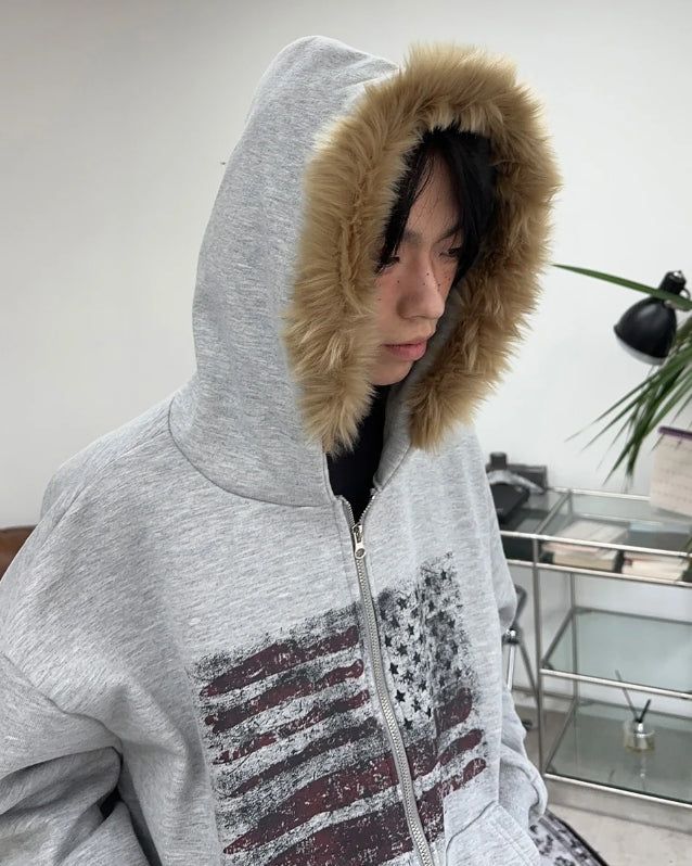 Rain Flag Fur Brushed Hood Zip-Up