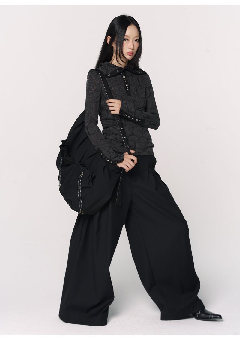 CONFUN Henry rivet patchwork lapel jacquard knitted slim top