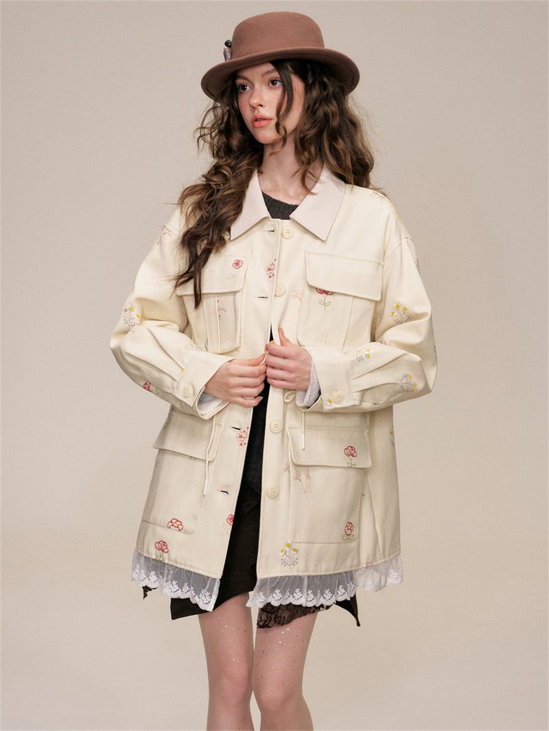 Floral Embroidery Cotton Cargo Jacket
