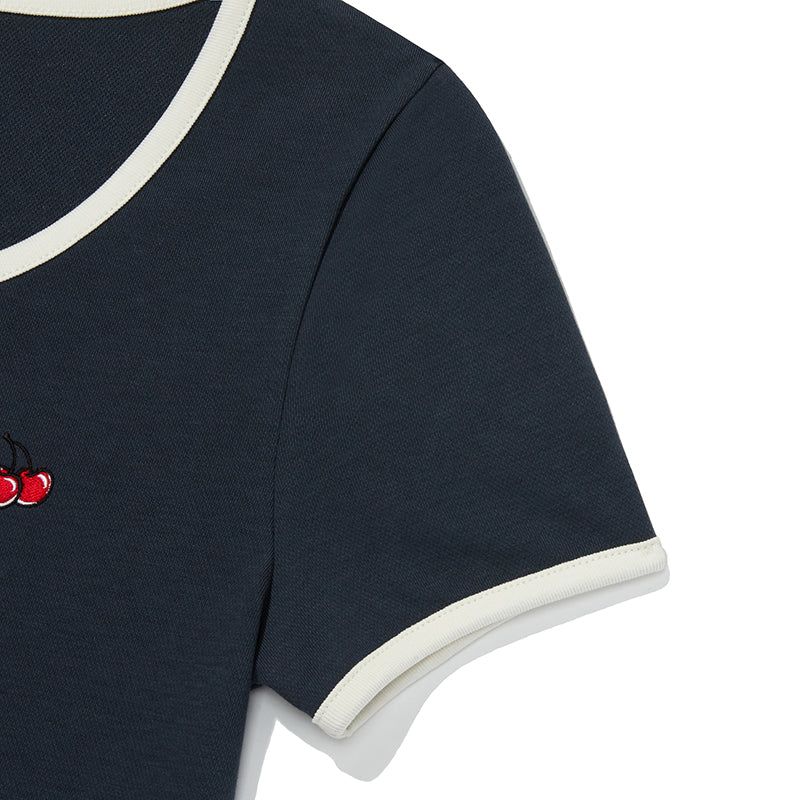 SMALL CHERRY ROUND NECK DRESS [DARK NAVY]