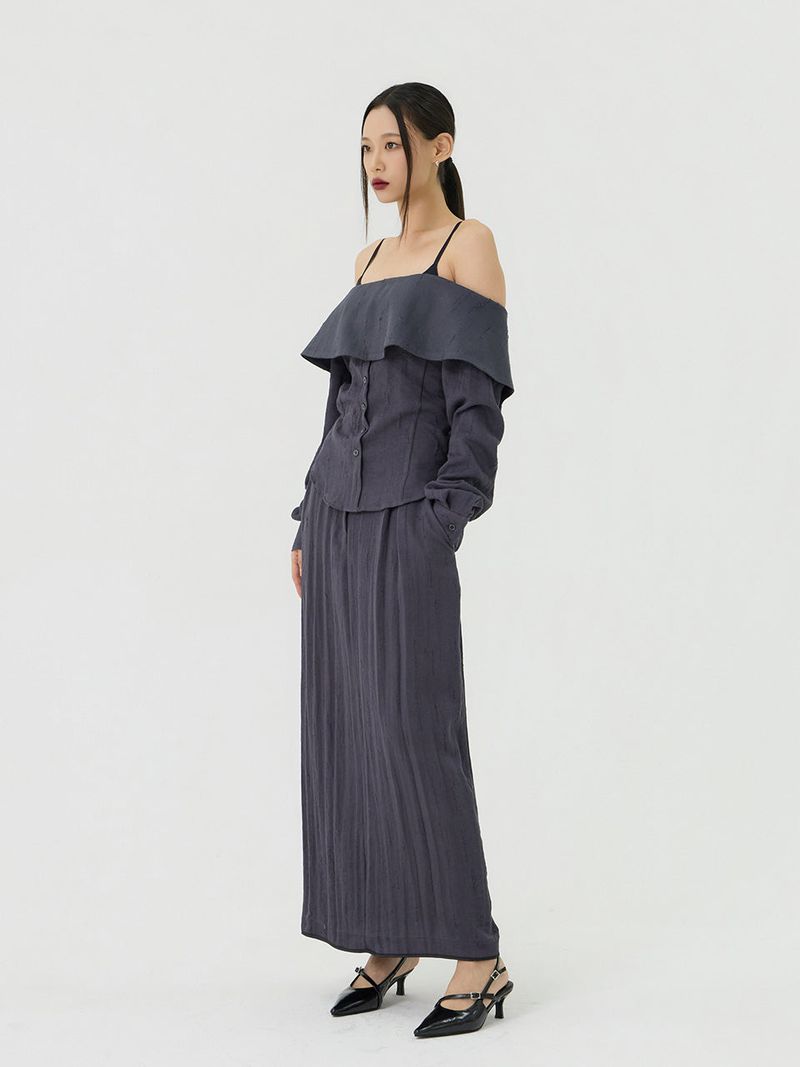 Scratch Cape Off-Shoulder Belted Shirt, Charcoal