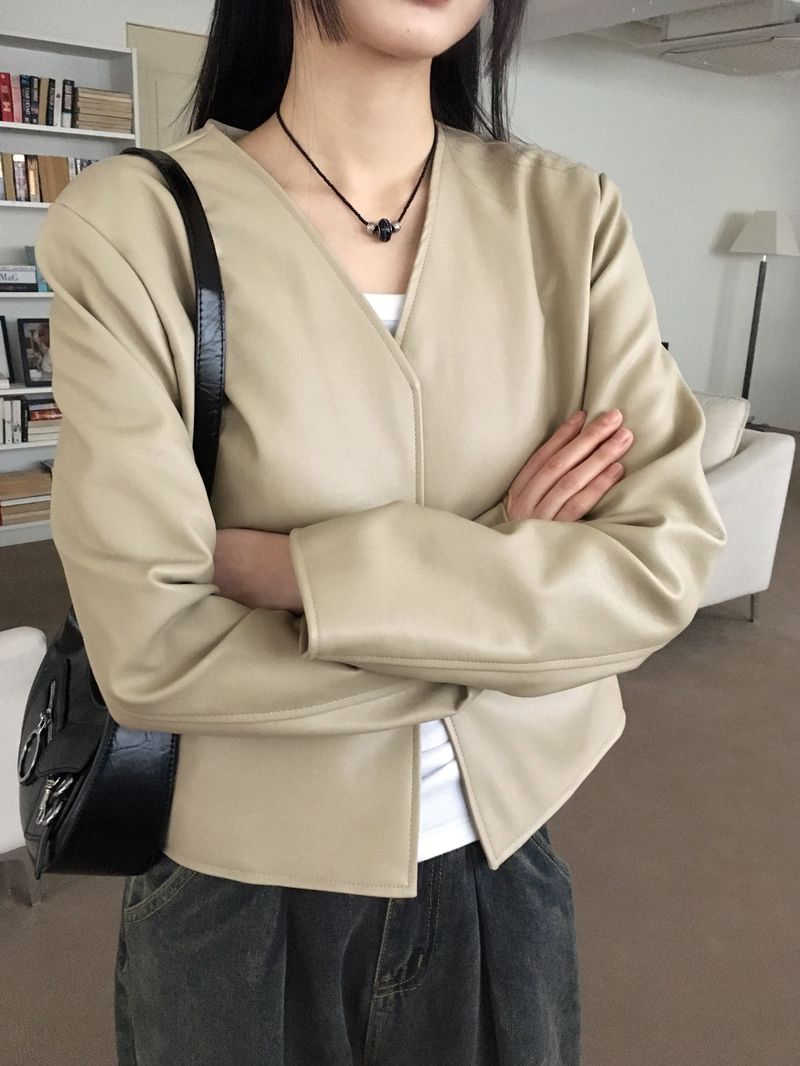 TF no-collar V short leather jacket