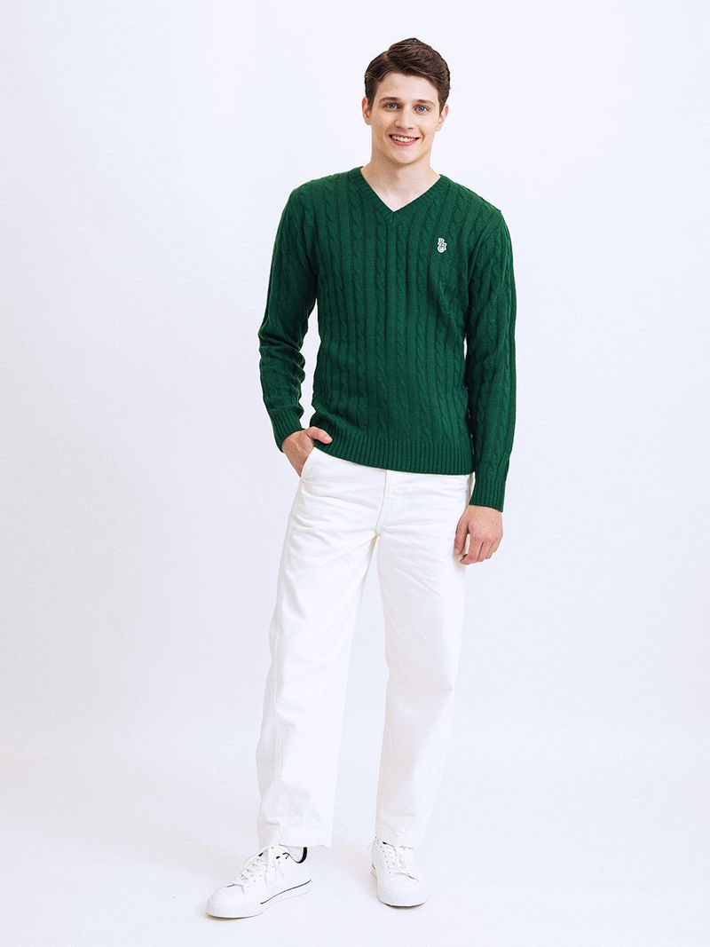 RCH mark v neck cable knit sweater green