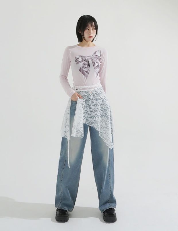 Side folding wide fit denim pants