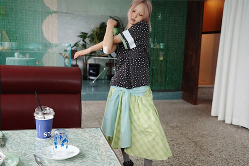 Check Tie Skirt (yellowish green)