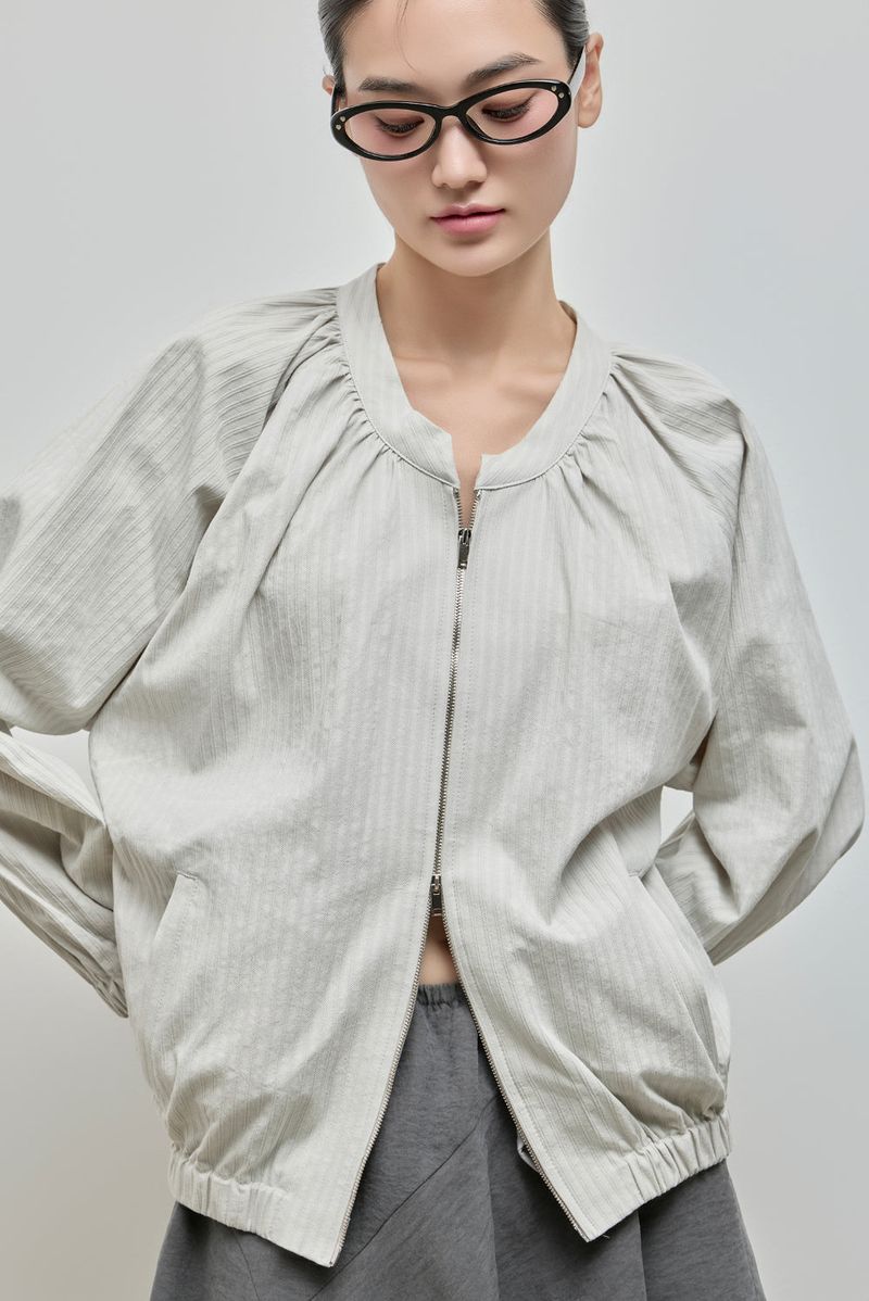Shirring Zip-up Blouse Jumper_Grey