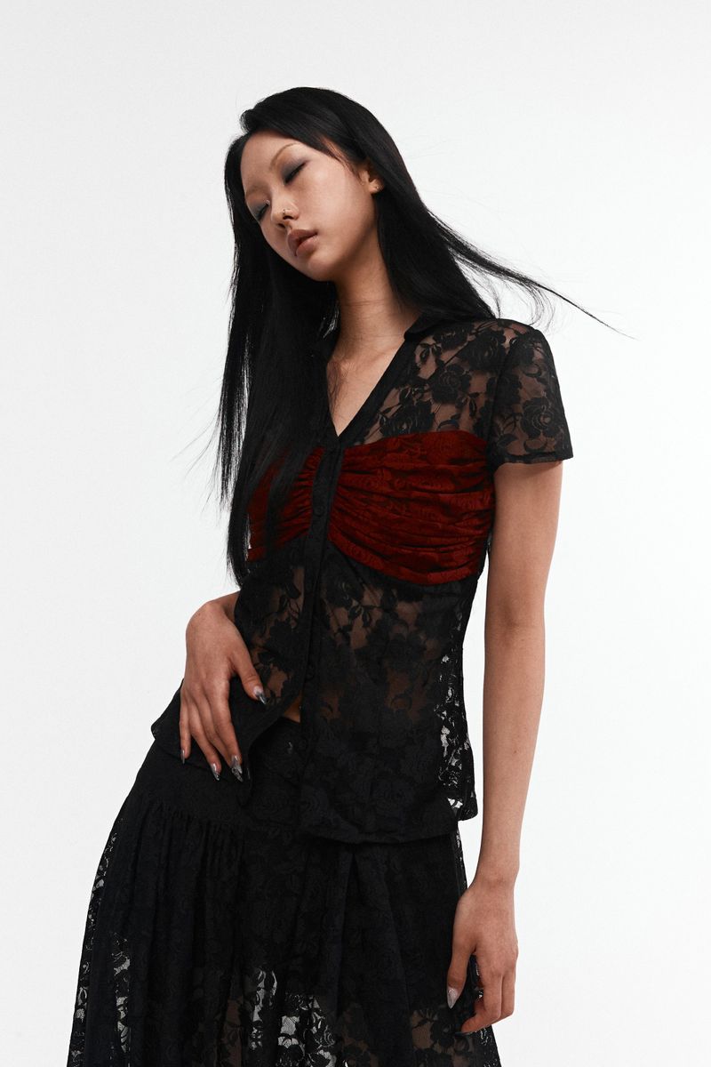 LACE SHIRRING SHIRT #BLACK&RED