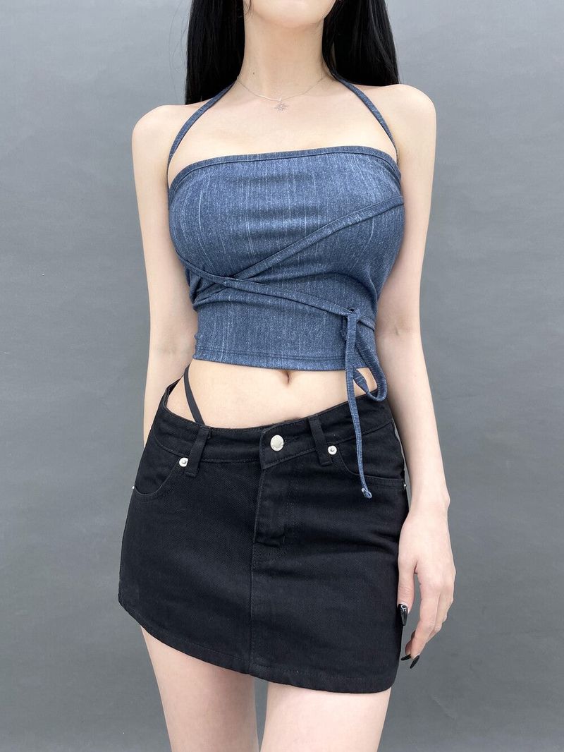 802. Denim free strap top (3color)
