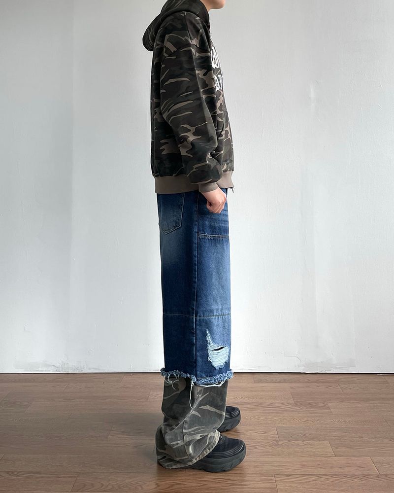 Destroyed Layered Camo Denim Pants
