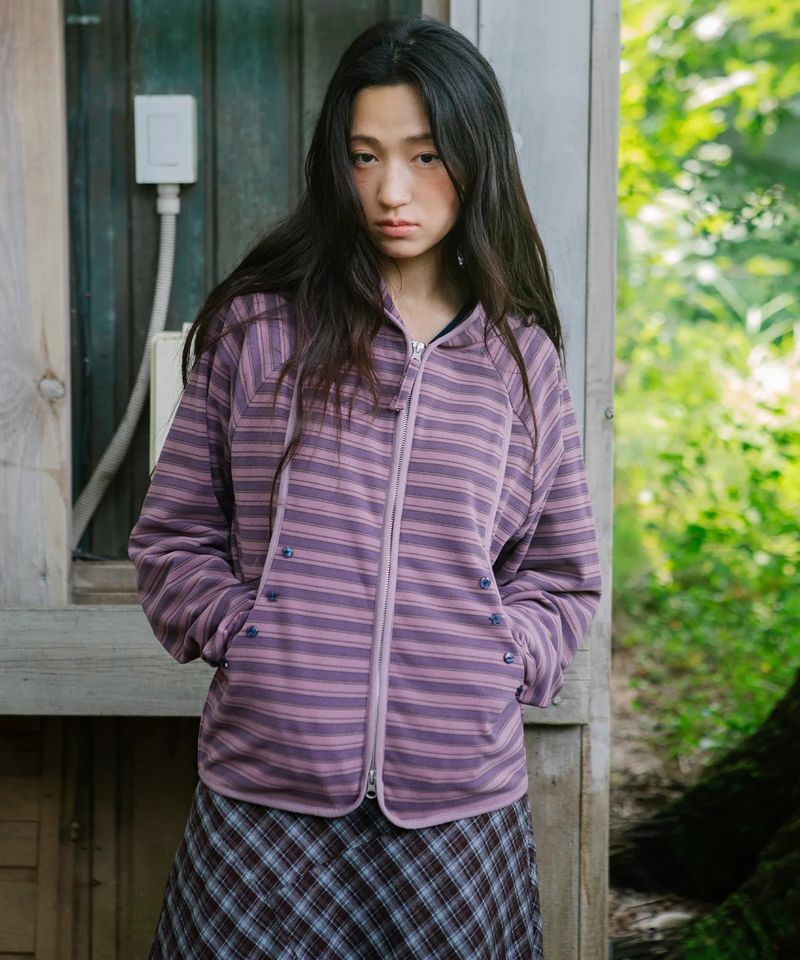 cavish（カビシ）の「MULTI STRIPED FLEECE ZIP UP HOODIE PURPLE(CV2GFFM482A)（Tops）」