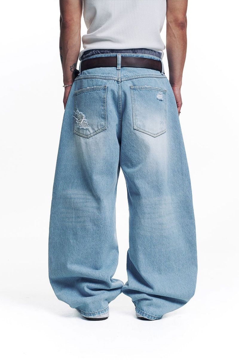 Distressed Curved Denim Pants - Light Blue