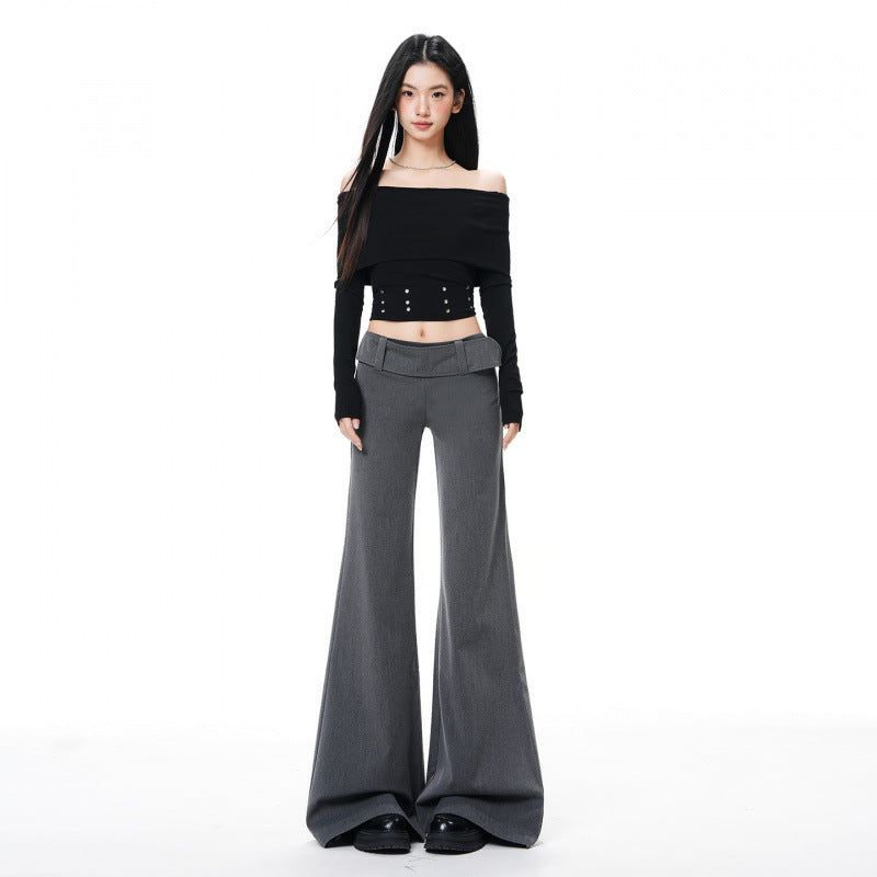 French Low-Waist Micro Flare Slacks – Tailored Slim Wide Casual Pants