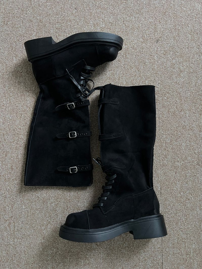 Kelvo Triple Buckle Belt Lace-Up Suede Oversole Long Boots (2 Colors)