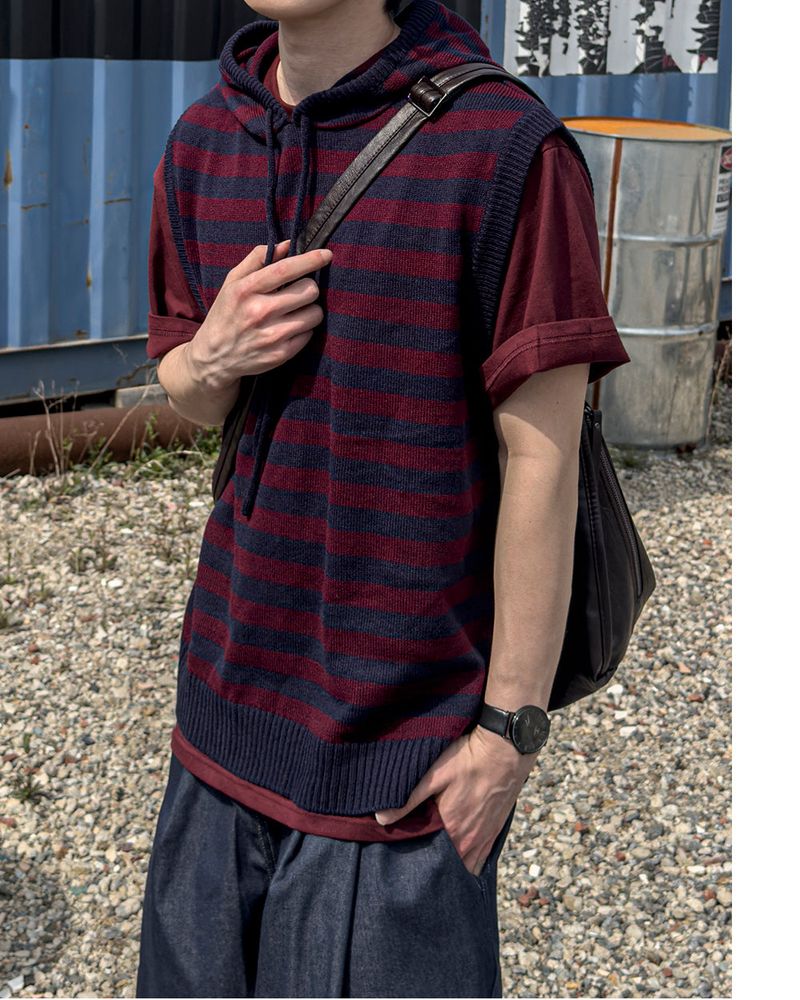 Broad Stripe Knit Hoodie Vest