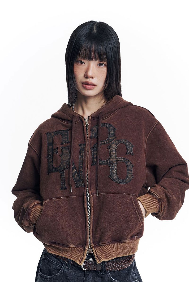 Washed Leather Patch Hooded Zip-Up - Brown