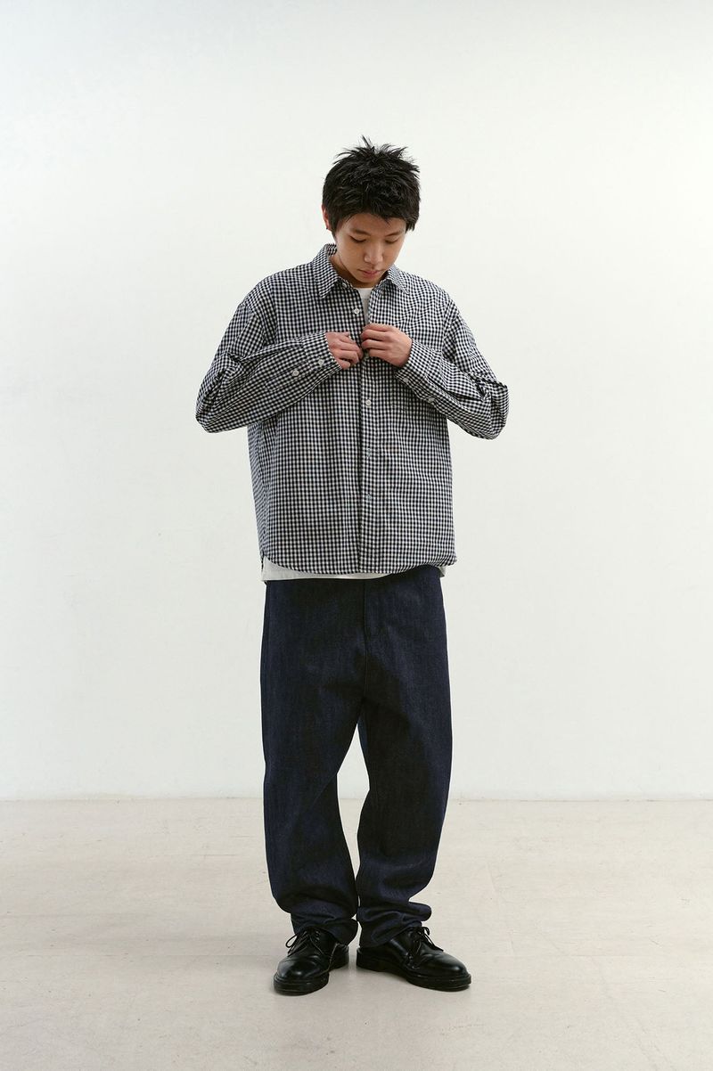 Natural High Waist Baggy Fit Selvedge Denim Pants(Navy)