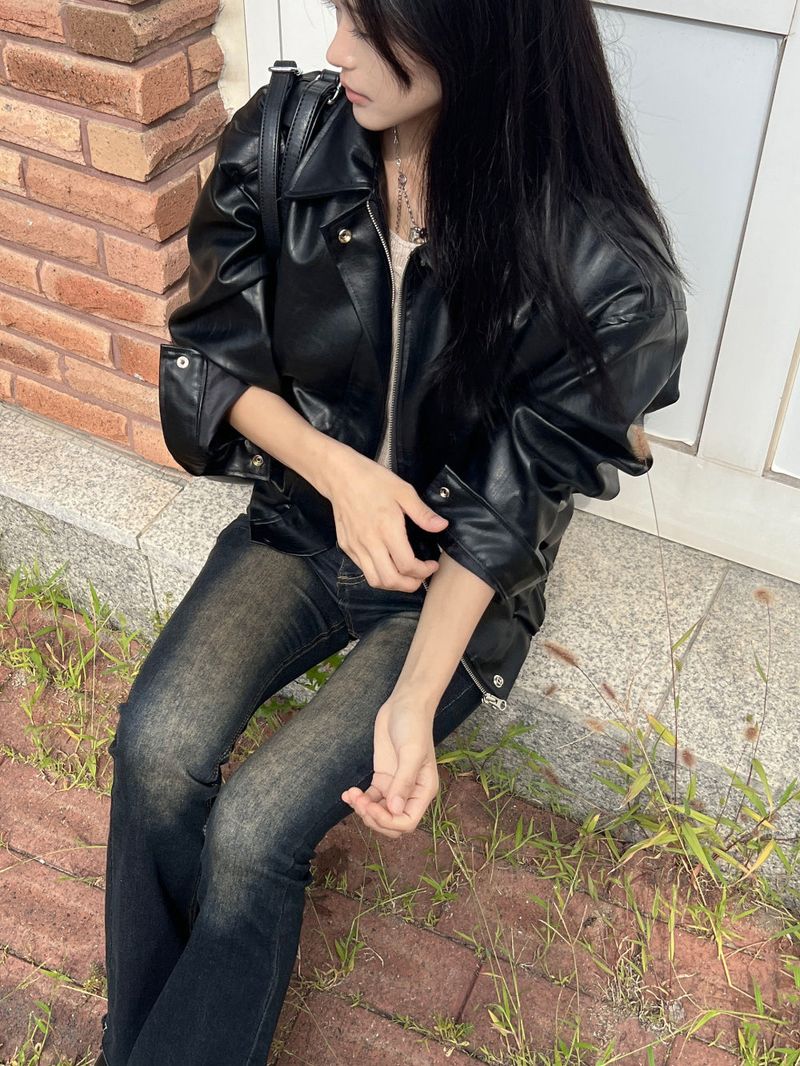 Old box leather bike overfit leather jacket (2 colors)