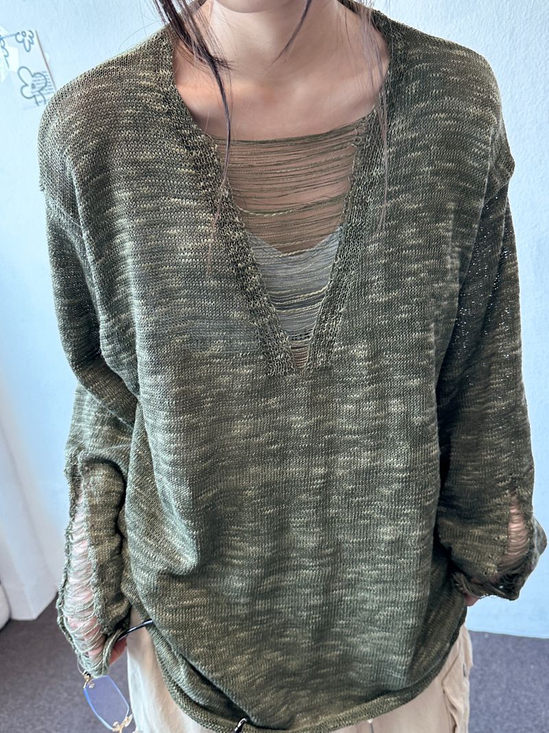 Drip Drape Distressed Mesh Loose Knit Sweater 4color