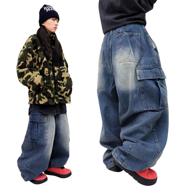 Vintage-Washed Denim Cargo Balloon Pants