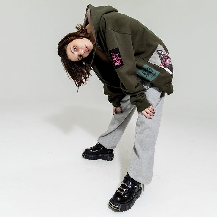 FRINGE PATCH ZIP UP HOODIE