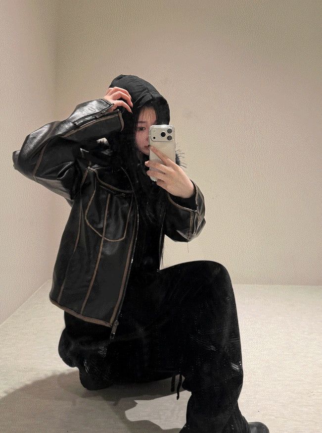 Vintage Noir Leather Zip-up