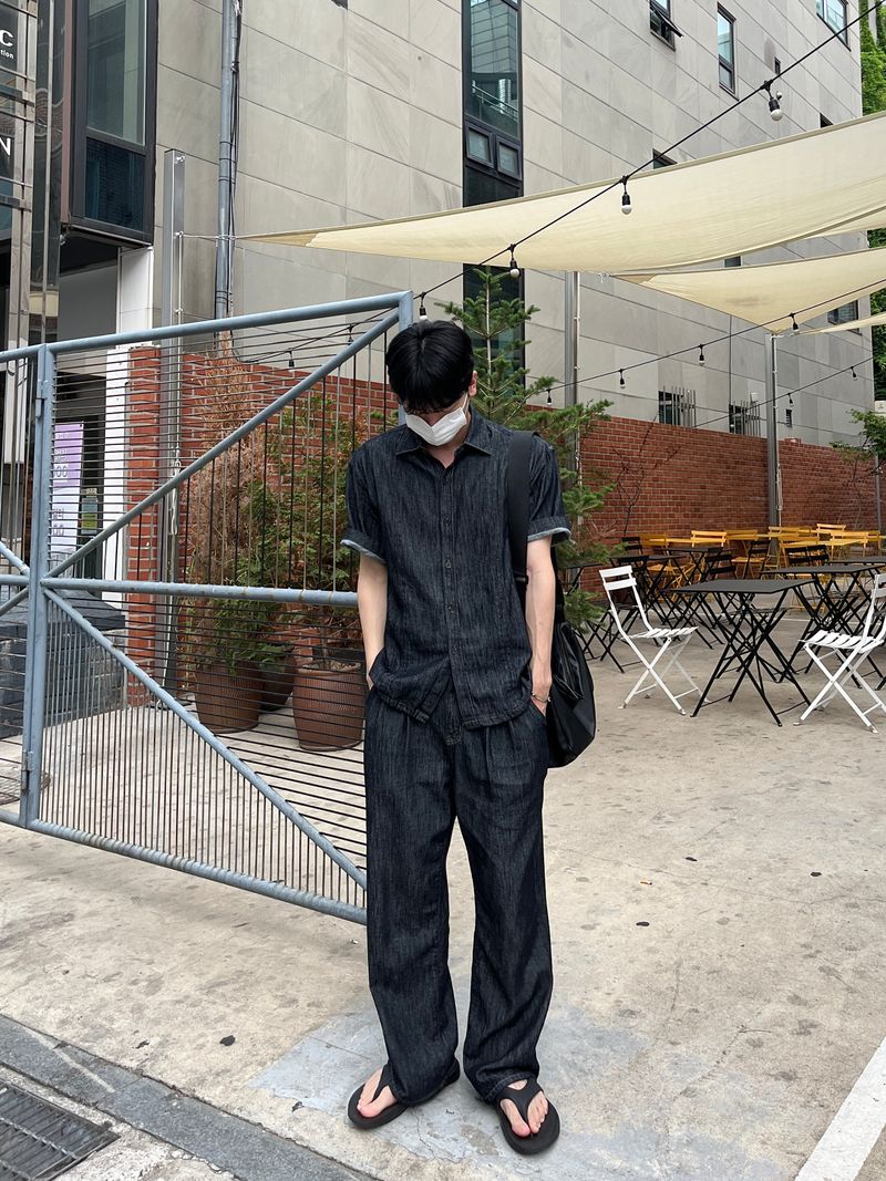 Mei linen indigo half shirts